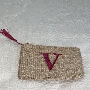 Jack Rogers Woven Clutch Pouch Tan Pink Red‎ V Initial